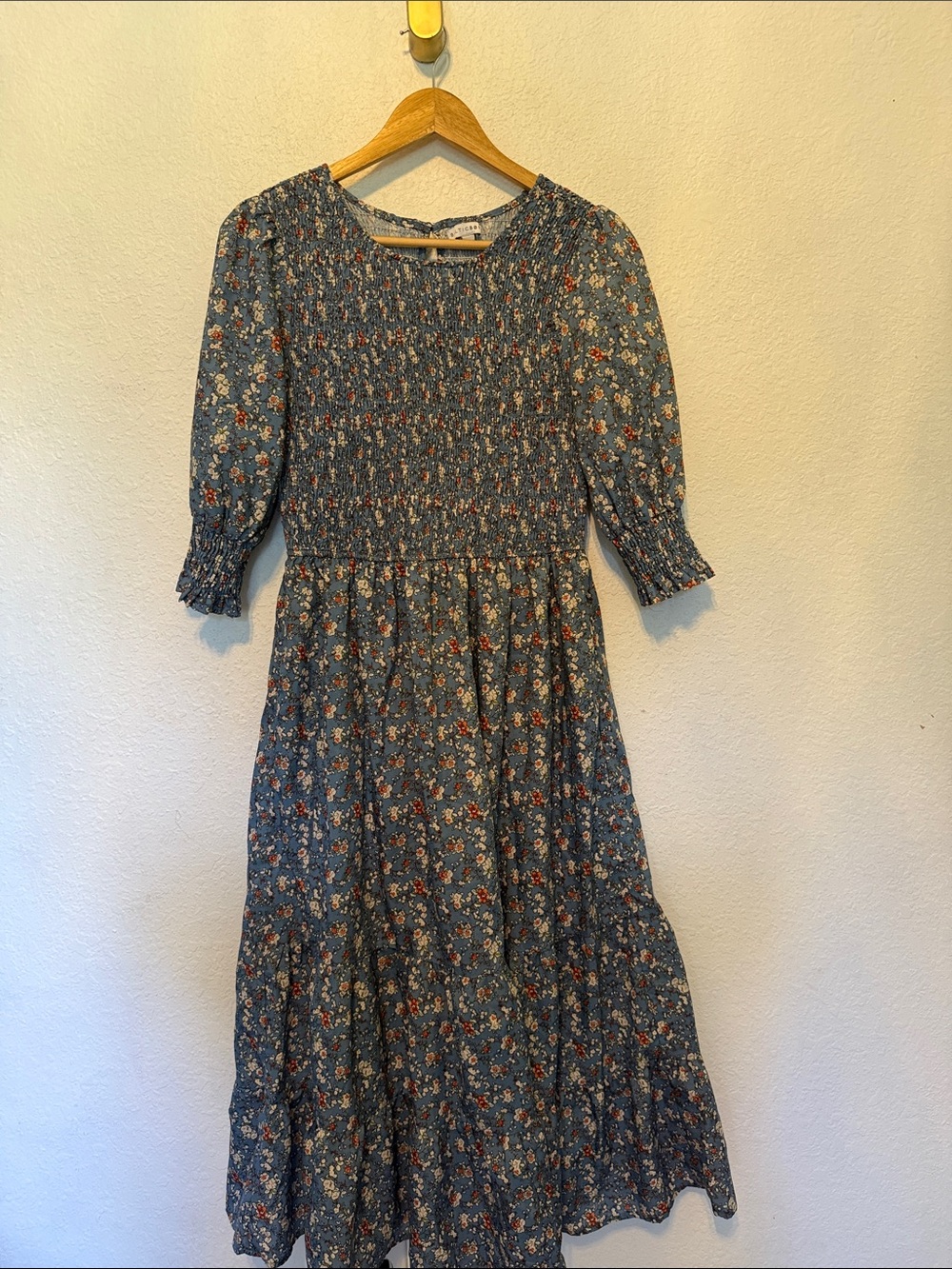 Perfect Baltic Born smocked puff sleeve Midi Dress Blue Floral M
